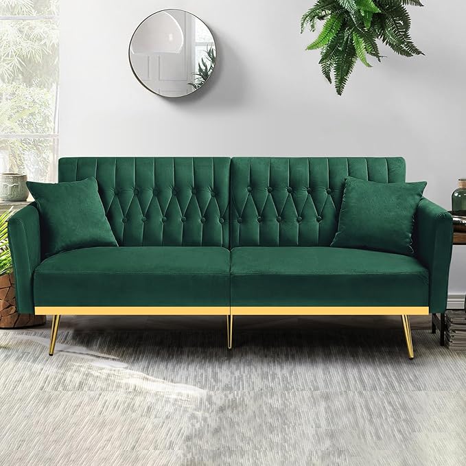 70” Velvet Futon Sofa Bed w/Adjustable Backrests and Armrests Convertible Futon Couch with 2 Pillows Modern Tufted Sleeper Bed for Living Room BedroomGreen