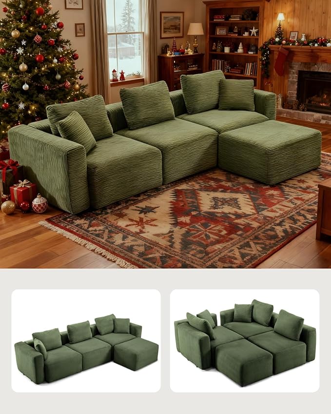 Karl home 112 Sectional Couch with Movable Ottoman Modern Corduroy Cloud Sofa Set with Deep Seat Convertible L-Shape Boneless Couch for Living Room Apartment Studio Green