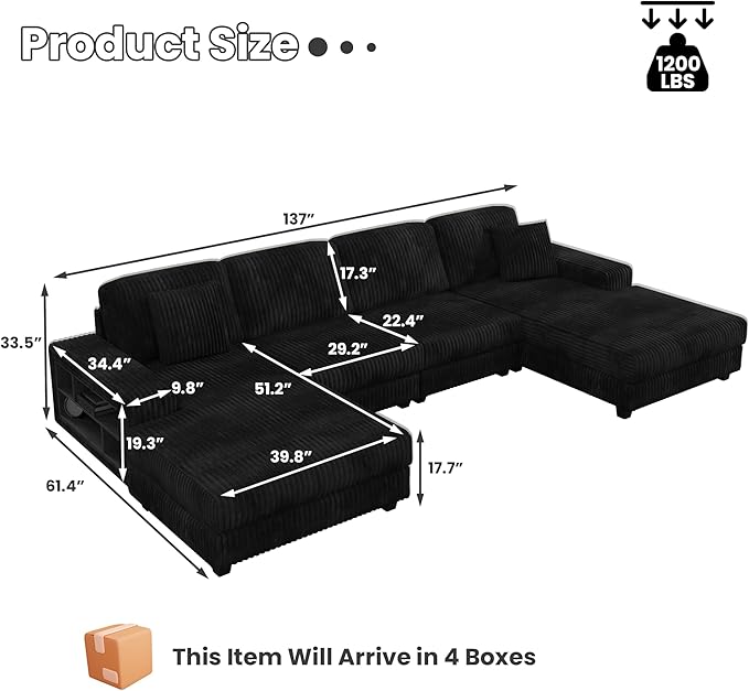 ERYE U-Shaped Modular Sectional Sofa Convertible Symmetrical Sofa Couch with Removable Chaise Lounges U Shaped Double Chaises Sectional Couches with Storage Armrests