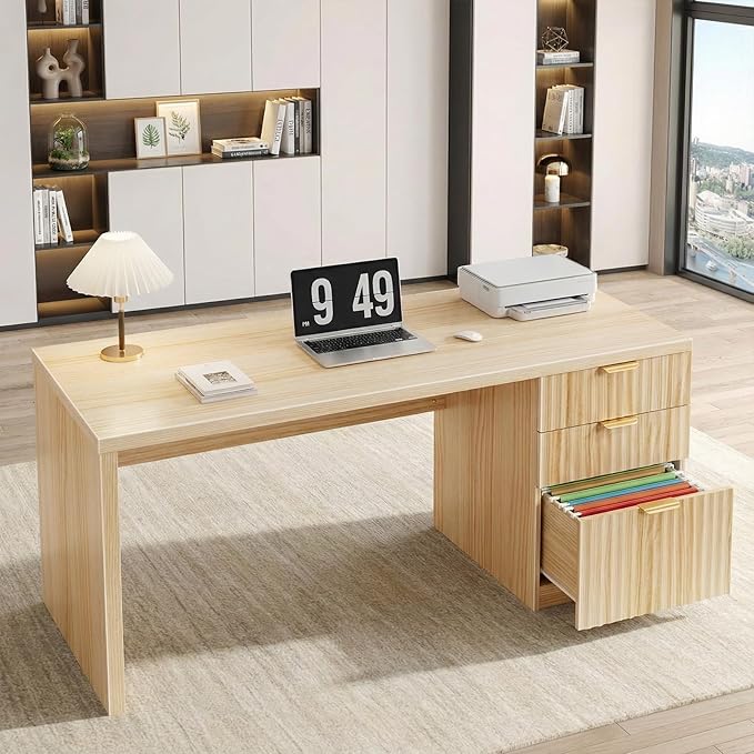 Fluted Desk with File Drawers - 47 Inch Modern Executive Desk Wood Desks with Cabinet Drawers for Home Office Boho Wooden Computer Desks with Storage for Writing Study Bedroom Light Natural Oak