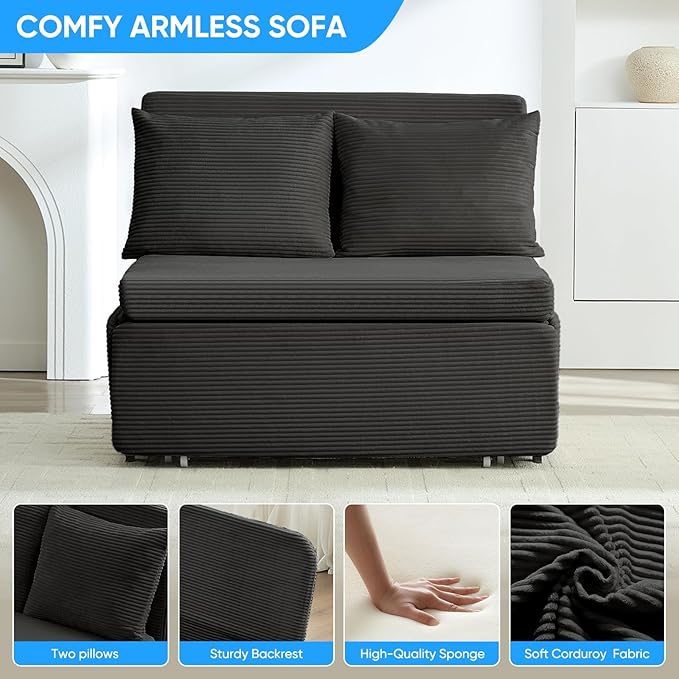 PUREMIND 3-in-1 Twin Size Pull Out Sofa Bed Convertible Corduroy Couch with Pillows and 3.9 Memory Foam Mattress Loveseat Sofa-Bed for Living Room Apartment (Dark Grey)