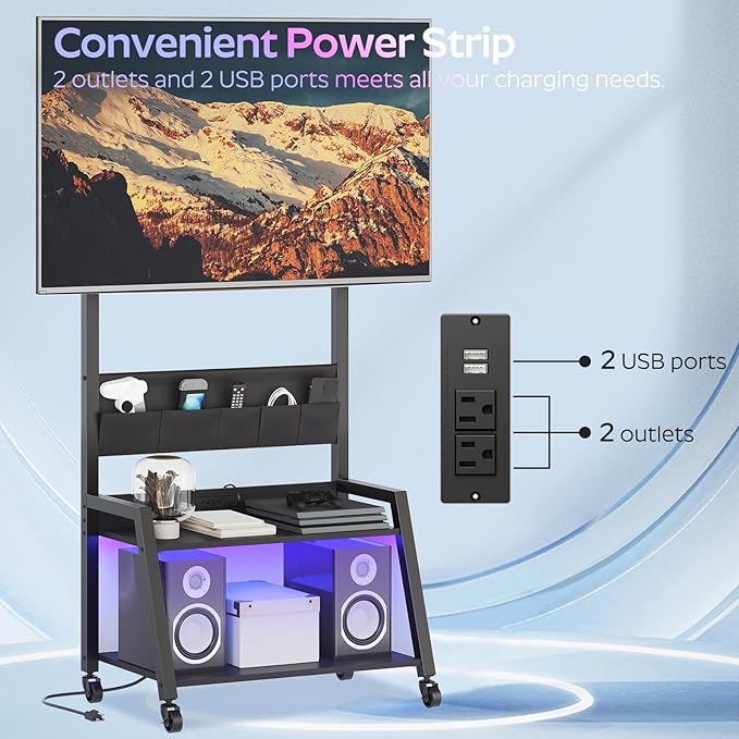 Rolling TV Stand with Power Outlet Mobile TV Stand with LED Light Up to 55 TVs TV Cart with Mount 5 Oxford Fabric Pouches for Living Room Meeting Room Black DS01UDBB
