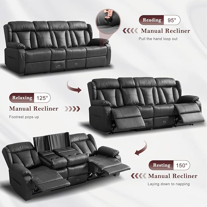 90.6 Manual Reclining Loveseat Sofa - Wall Hugger 3 Seat Loveseat Recliner with Console Fold-Down Table and Built-in Outlets Recliner Couch for Living Room RVs Home Theater Seating
