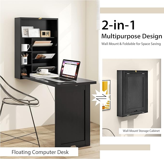 Tangkula Foldable Wall Mounted Desk Floating Desk with Storage Shelves &amp Hooks Space-Saving Fold-Up Murphy Table for Small Spaces Home Office Dorm Room