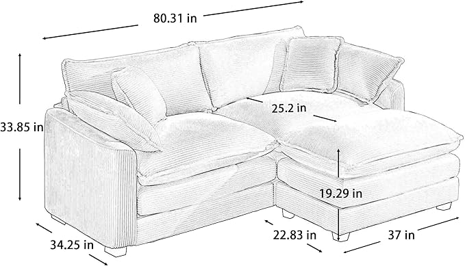 KEIKI 80 L-Shaped Oversized Corduroy Modular Sectional Loveseat Sofa with 1 Ottoman High-Density Foam Cushions Removable Armrests Upholstered 2-Seater Couch with 4 Pillow for Living Room Beige