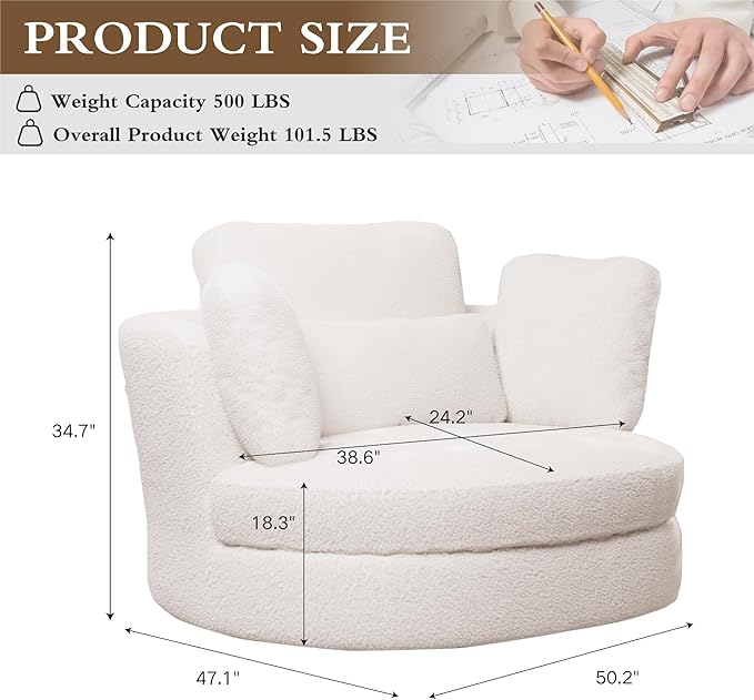 Chifee &amp Vingol 50.2 Oversized Swivel Accent Chair Upholstered Round Barrel Chair with Pillows Swivel Chairs for Living Room BedroomSherpaIvory