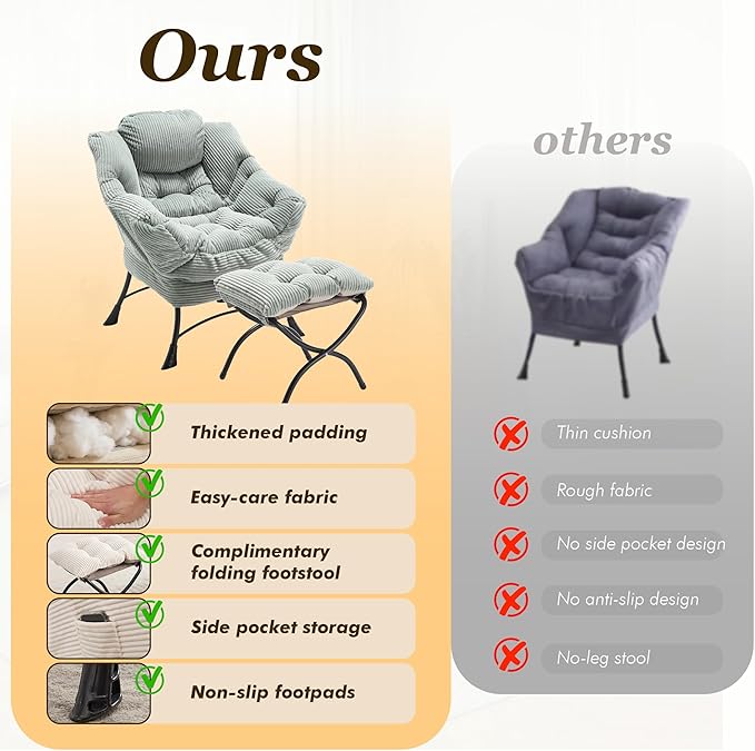 QQU Lazy Chair with Ottoman Corduroy Lounge Armchair Reading Chair with Footrest for Living Room Balcony Study (Green)