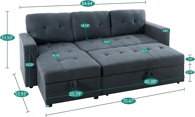 Naomi Home 85 in. Convertible Sofa with Storage Reversible L Shape Sofa Couch with Chaise Comfy Couches for Living Room Gray/Velvet