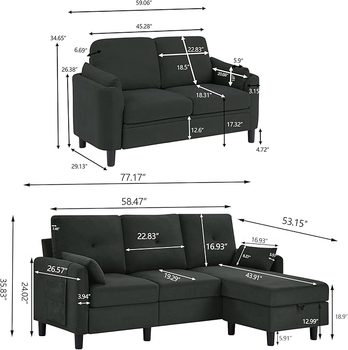2 Piece Sofa Set Modern 3 Seater Sofa and Loveseat Sets Convertible Sectional Couch with Reversible Chaise L Shaped Couch Sets for Living Room ApartmentBlack