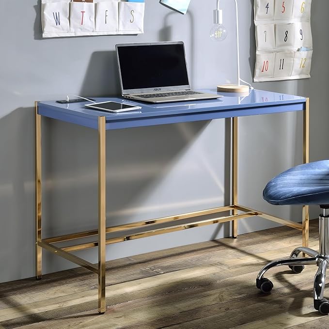 Modern Rectangular Writing Computer Desk w/USB Ports Gold Open Metal Base &amp High Gloss Wooden Top – Compact Home Office Workstation with Charging Convenience (Navy Blue)