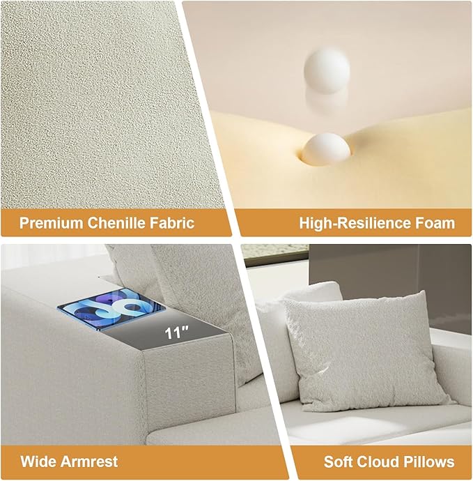 151'' Modular Sectional Sofa Couches Chenille Sleeper Deep Seat Sofa Bed Oversized Cloud Couch with 6 Pillows Free Combination Compression Sofa for Living RoomNo Assembly Beige