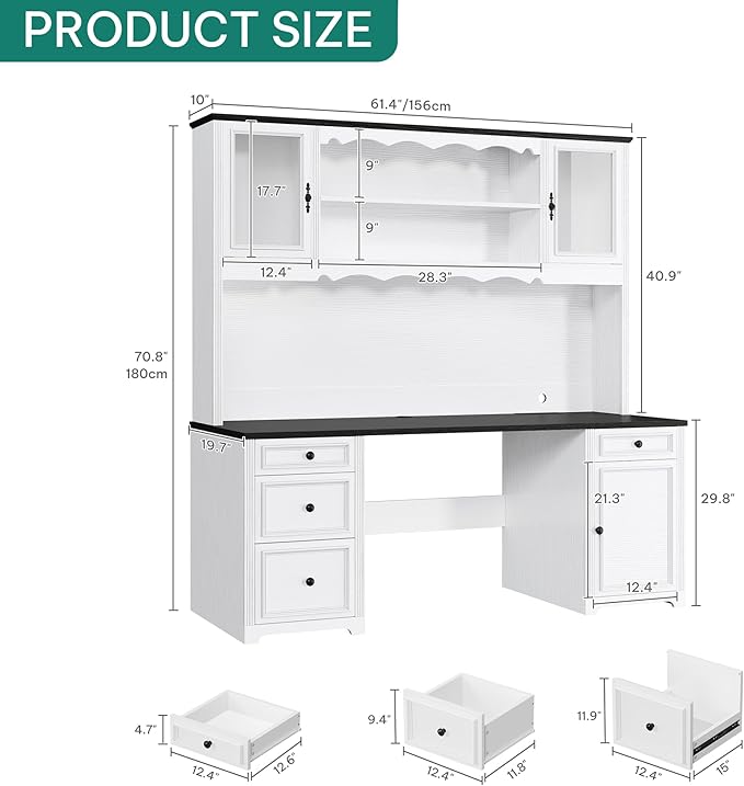 YITAHOME Executive Desk with Hutch and Drawers Farmhouse Computer Desk with Power Outlet &amp LED Lights Home Office Desks with Storage Shelves Storage Cabinet with Glass Door White &amp Black