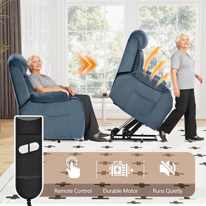 cinkehome Small Power Lift Recliner for Elderly Lift Chair Recliners Electric Recliner Chairs for Seniors Remote Control Adjustable Side Pocket (Navy Blue)