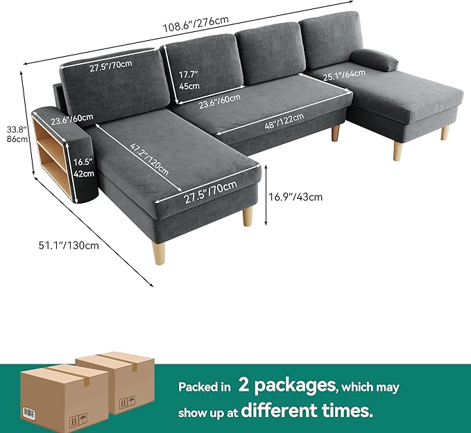 YITAHOME 109 U-Shaped Couch 4-Seat Cloud Sofa with Dual Chaise Lounges Storage Armrest Cup Holder &amp Thick Cushions for Living Room