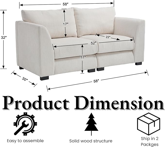 EALSON 58 Loveseat Modular Sectional Sofa Couch Modern Linen Fabric Love Seat Couch with Removable Cover Comfy 2 Seater Sofa for Living Room Small Space White