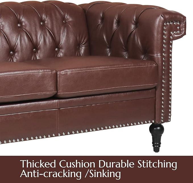 Brown Couches Sofas Chesterfield Sofas for Living Room Deep Seat Comfy 3-Seater Faux Leather Couch Classic Tufted Upholstered Couches for Bedroom Office Easy to Assemble