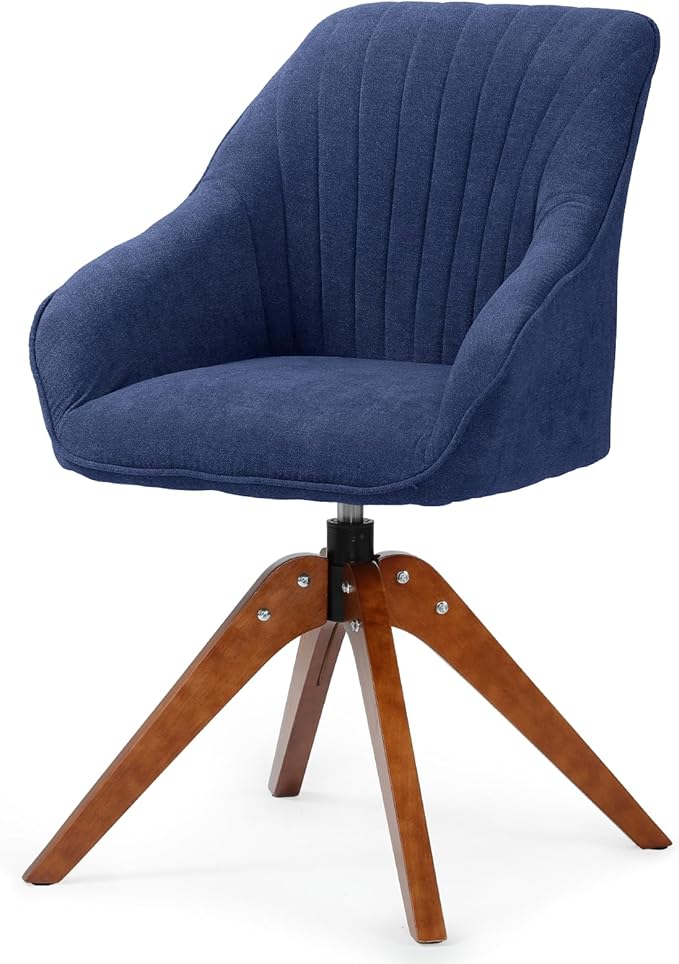 Athena Collection Swivel Modern Accent Chair Linen Upholstered Armchair Office Desk Chair No Wheels with Wooden Legs Comfy Vanity Chair Reading Chair for Bedroom Living Room Navy Blue