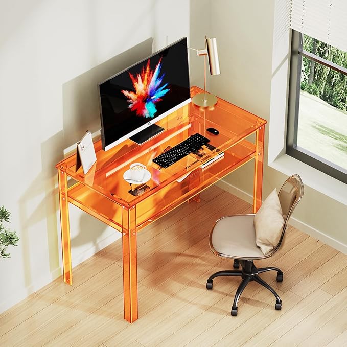 Clear Acrylic Desk with Open Storage Home Office Computer Writing Desk Office Study Table (Orange 39.4'' x 19.7'' x 29.5'')