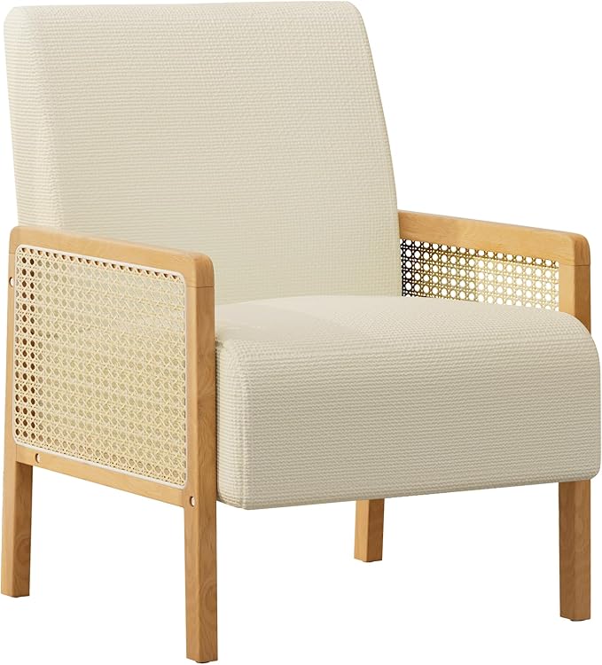 Rattan Accent Chair with Rattan Arms Mid Century Modern Chair for Living Room Linen Upholstered Comfy Chair for Bedroom Reading Room Home Office Beige