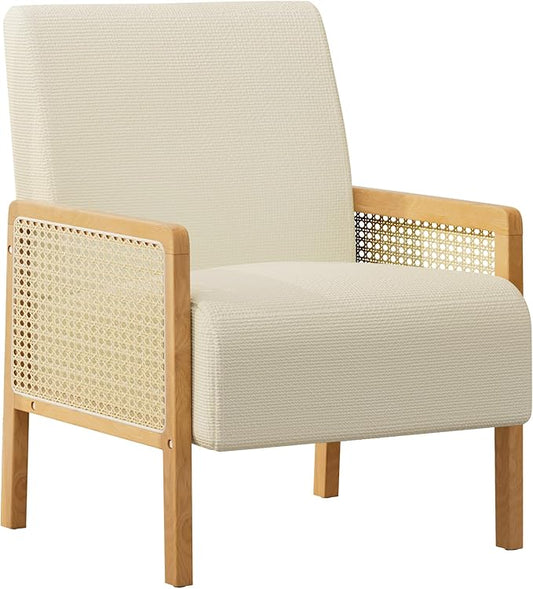 Rattan Accent Chair with Rattan Arms Mid Century Modern Chair for Living Room Linen Upholstered Comfy Chair for Bedroom Reading Room Home Office Beige