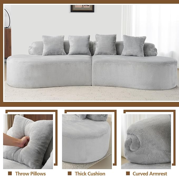 112 Grey Curved Boneless Couch with Cushions Modern Cloud Sofa for Living RoomChenille Sectional Minimalist Deep Seat Luxurious No Assembly
