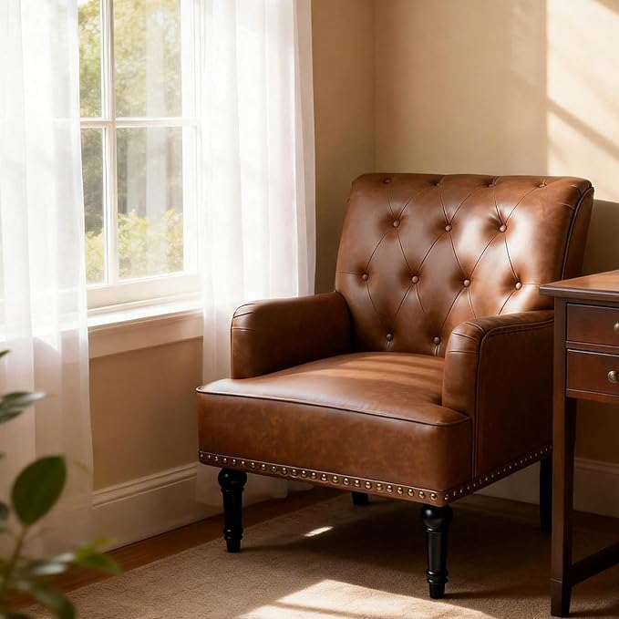 MOJAY Faux Leather Accent Chair Mid-Century Armchair Living Room Sofa Chair with Rubber Wood Leg Club Chair with Rivet Trim for Bedroom Reading Room Reception (Brown)