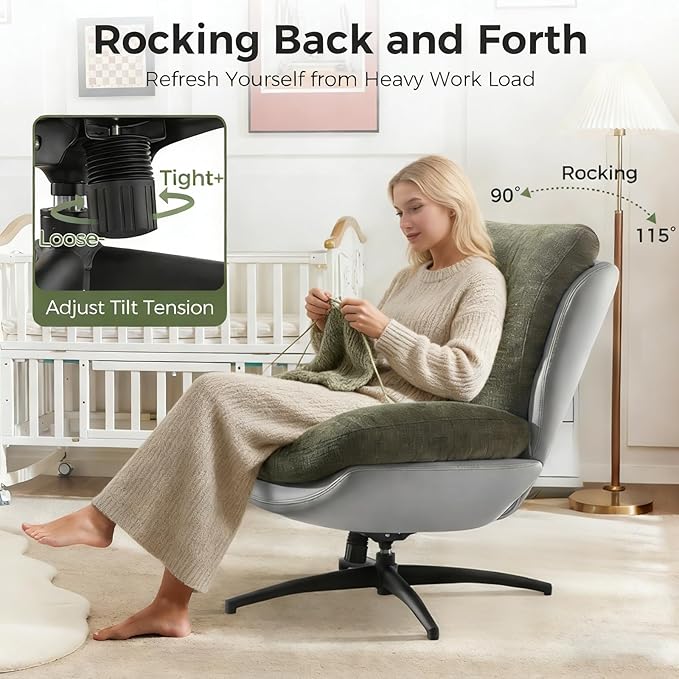 Chenille Rocking Swivel Accent Chair Set of 2 with Ottoman 360° Oversized Metal Base Swivel Rocker Accent Chair Reclining Lounge Chair Ergonomic Armchair for Living RoomBedroomOfficeGreen