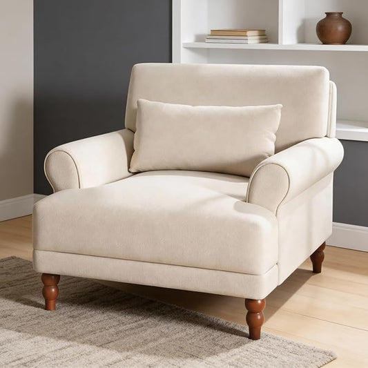 Oversized Accent Chair Upholstered Living Room Chair Velvet ArmChair Sofa Chair with Vintage Roman Column Legs Big Lounge Reading Chair with Wide Seat for Bedroom Guest Room Study Beige