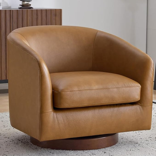AEDI Genuine Leather Swivel Accent Chair Barrel Chair for Living Room Light Camel