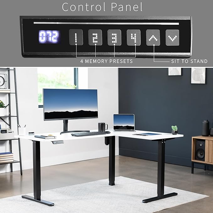 VIVO Corner Standing Desk 63 x 47 inch Reversible L-Shaped Workstation Electric Height Adjustment Home Office and Reception Rooms White Table Top Black Frame DESK-E3CTBW-47