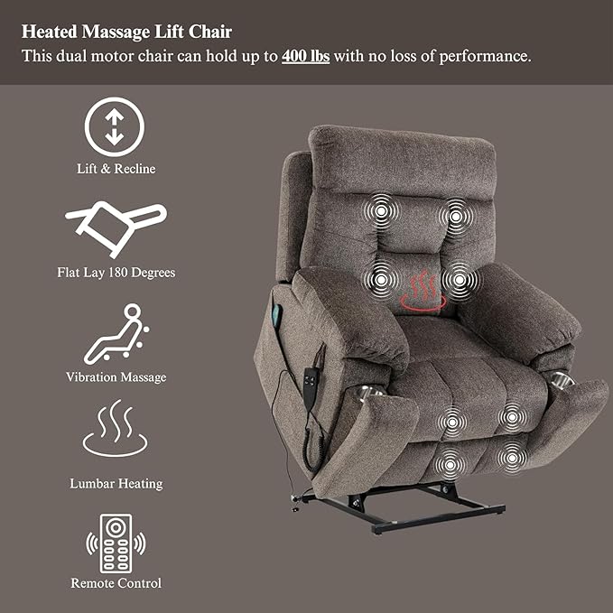 Dual Motor Lay Flat Lift Chairs Recliners - Extra Wide Big Man Recliner with Heat &amp Massage - Hidden Cup Holder - 400 lbs Capacity