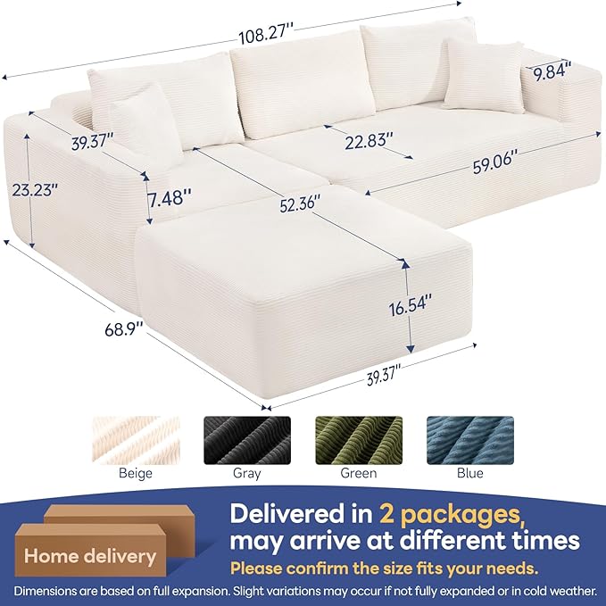 2026 New 108 Cloud Sectional Couch Modular Sectional Sofa with Deep Seat Modular Sofa Couch with L-Shaped Chaise Modern Couches for Living Room No Assembly Required (Beige with Ottoman)