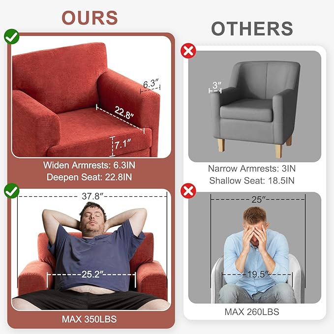 Oversized Accent Chair Upholstered Living Room Chairs Single Sofa Chair w/Metal Legs Comfy Chenill Fabric Reading Lounge Armchair for Apartment Bedroom Office Terracotta 1PC