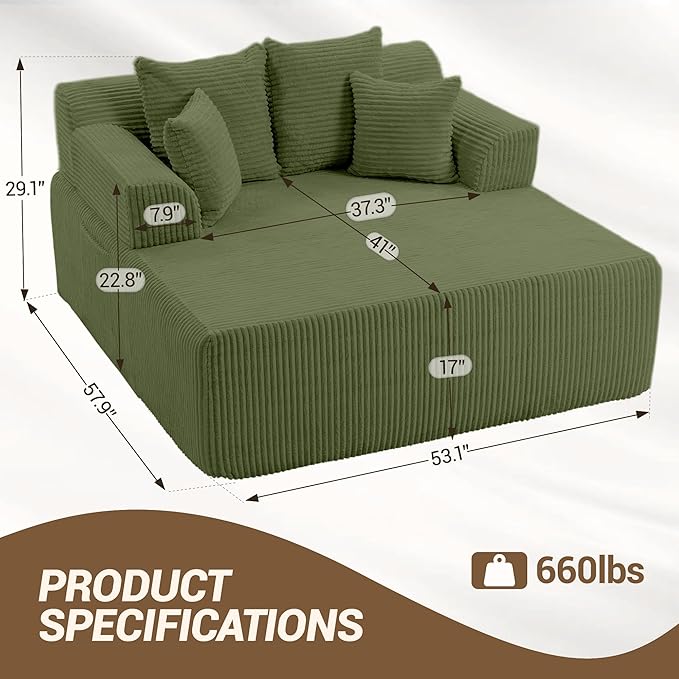 58 Inch Chaise Lounge Chair Indoor Corduroy Boneless Sofa Bed Deep Seat Sleeper Couch Reading Chairs Upholstered Comfy Cloud Sofas Couches for Living Room No Assembly Required Green