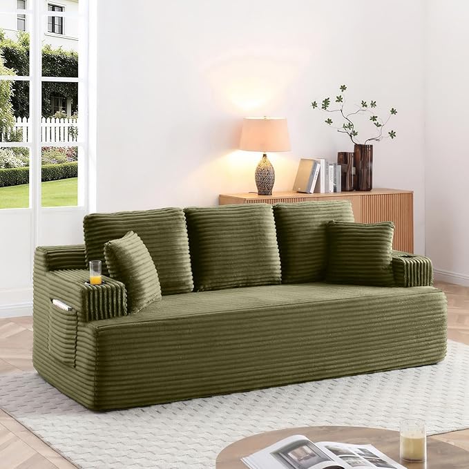 86.2'' Boneless Sofa Couch with Cup Holders &amp Side Pockets Modern Corduroy Fabric Upholstered 3-seat Couch with 2 Throw Pillows for Living Room Office No Assembly (Green)