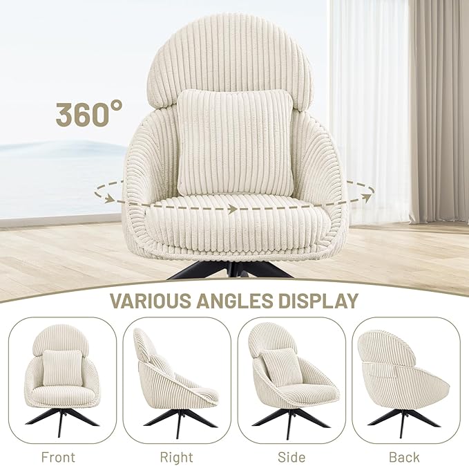 Furniliving Modern Accent Chair Upholstered Swivel Desk Chair for Living Room Sofa Chair for Bedroom Armchair Side Chair with Headrest Bedroom Chair with Pillow Comfy Corduroy Chairs Beige