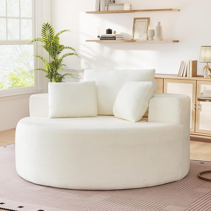 Modern Round Accent Sofa Chair for Living Room Upholstered Soft Terrycloth Barrel Lounge Arm Chair with Large seat&ampThrow Pillows for Bedroom Office Apartment Beige
