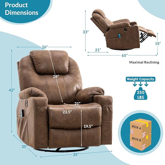 Manual 360 Degree Swivel Glider Rocker Recliner Chair with Massage and Heat 2 USB Ports 2 Front Pockets 2 Side Pockets and 2 Cup Holders Bronze Suede Fabric (Brown)