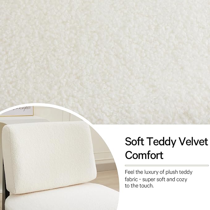 Qulomvs Modern Accent Chair Mid Century Accent Chair with Wooden Frame Upholstered Comfy Reading Chair Armless Side Sofa Chair for Living Room Bedroom (White Teddy Fabric)