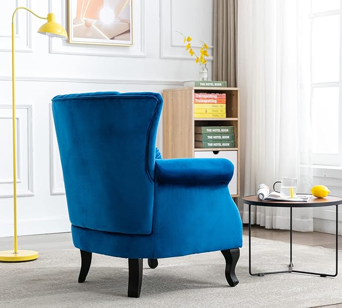 Mid Century Modern Accent Chair Upholstered Armchair Comfy Velvet Fabric Single Sofa with Lined Wingback for Small Spaces Bedroom Living Room Velvet Blue 30.1D x 30.5W x 35H in