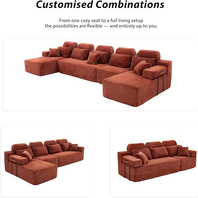 171″ Cloud Modular Sectional Sofa U Shaped Boneless Couch with Reversible Chaise Sectional Couches for Living Room Corduroy Oversized Couch in a Box No Assembly Required Orange