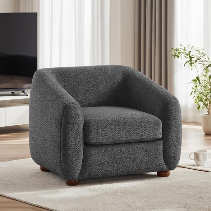 VANOMi Accent Living Room Chairs Mid Century Modern Armchair with Cushion Sherpa Comfy Chair for Bedroom Reading Nook Apartment Dark Grey