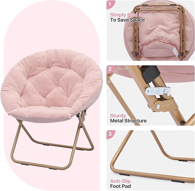 Round Saucer Chair for Teens and Adults Faux Fur Folding Living Room Cozy Moon Chair (Light Pink)