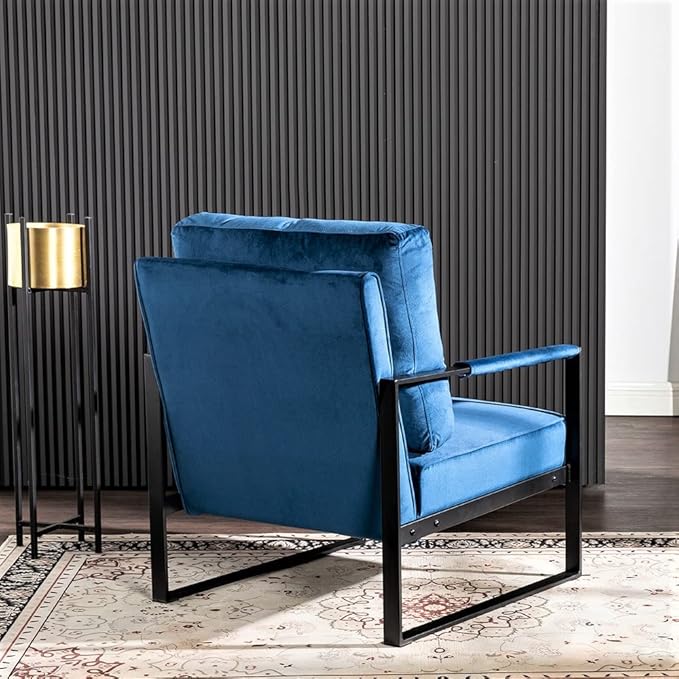 Classic Mid Century Modern Accent Chair with Square Metal e Armchair for Living Room Bedroom Home Office in Plush Velvet Upholstery Blue