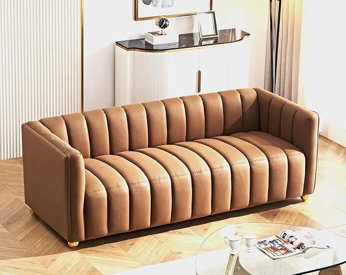Direct Glam Fabric Upholstered Solid Wood Frame 82.7 Art Deco Sofa for Living Room Office Sophisticated 3 Seater Couch Brown