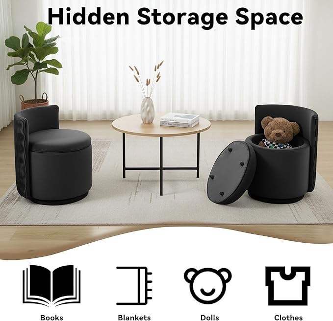 360° Swivel Velvet Vanity Chair with Storage Barrel Makeup Chair with Wave Back No Assembly Vanity Stool Small Accent Chair for Living Room Black