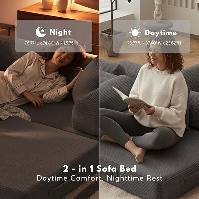 Alpen Boneless Couch Bed 4-in-1 Fold Out Couch Bed with L-Shaped Armrests Futon Chair Sleeper Sofa Mattress Fold Out Comfy Lounge for Living Room Bedroom Apartment Dark Grey
