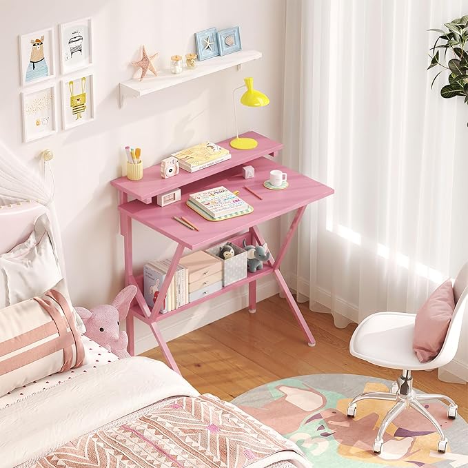 COTUBLR Small Desk 27.5 Inch Small Computer Desk for Spaces Computer Desks with Adjustable Monitor Stand Compact Desks with Storage Tiny Study Table for Bedroom Home Office Pink