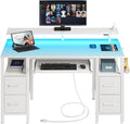 Seventable White Computer Desk with Drawers Gaming Desk with Keyboard Tray Office Desk with LED Lights &amp Power Outlets 47 inch Writing Desk with Monitor Stand for Small Space