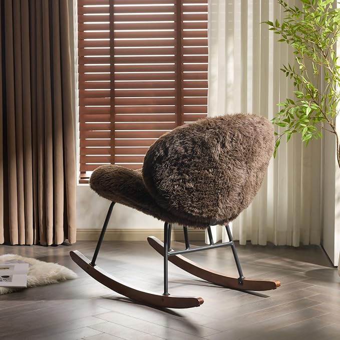 VINGLI 25.6 Extra Wide Nursery 115° Armless Rocking Chair Curved Cute Cross-Legged Glider Chair with Pillow &amp Solid Wood Nursing Chair for Bedroom Living Room Fluffy Fleece Chocolate